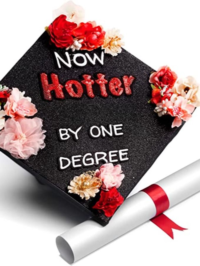 a graduation cap with flowers on it and the words now potter by one degree written in red