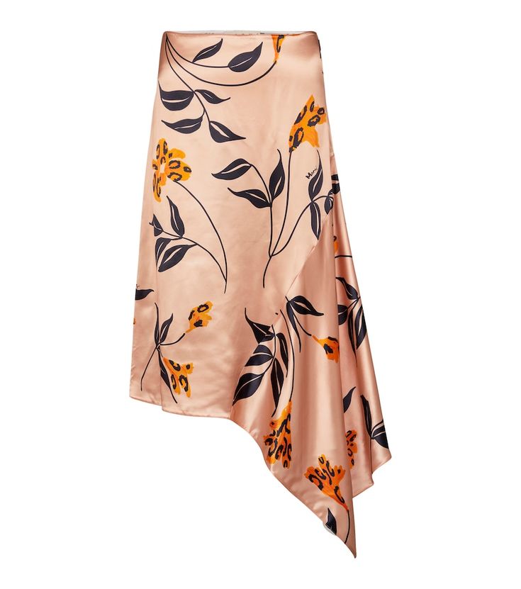 Marni puts the fun in florals with this pink midi skirt, whose fiery orange blooms are printed with what appear to be leopard spots. Made from fluid satin, it's stitched with paneling to one side, creating a draped asymmetrical hem. Tuck a slogan T-shirt into yours. Silk Draped Skirt With Asymmetrical Hem, Summer Evening Floral Skirt, Summer Evening Floral Print Skirt, Summer Evening Skirt With Floral Print, Summer Silk Asymmetrical Draped Skirt, Silk Asymmetrical Draped Skirt For Summer, Chic Orange Floral Print Skirt, Chic Silk Skirt With Asymmetrical Hem, Asymmetrical Silk Wrap Skirt For Summer