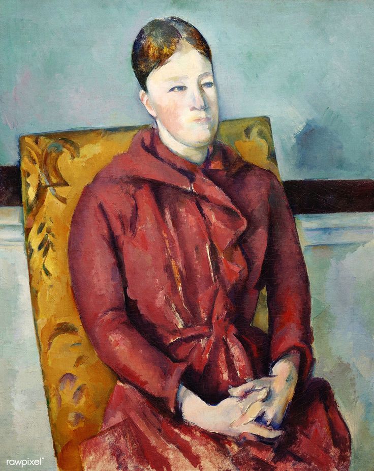 a painting of a woman in a red dress sitting on a yellow chair with her hands clasped