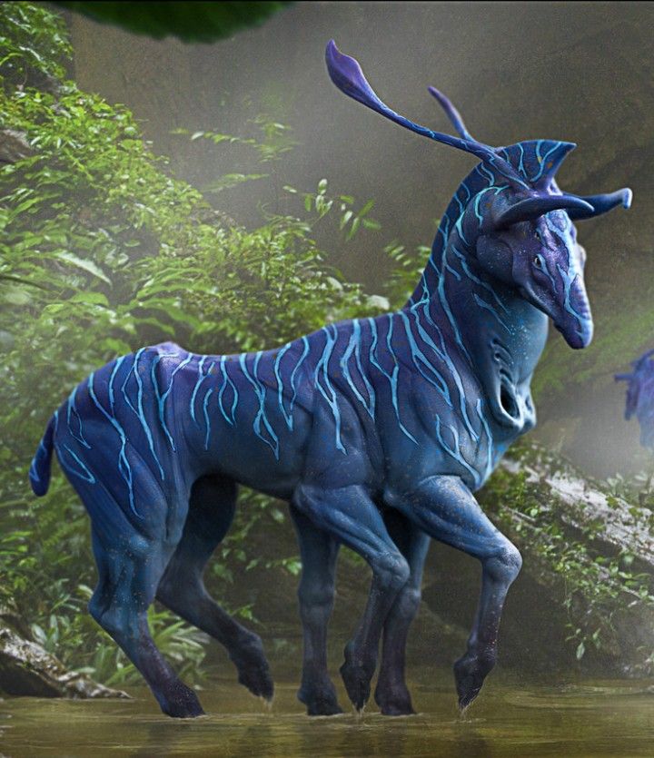 an animal with blue paint on it's body and horns