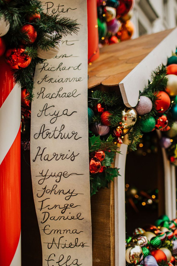 a christmas wreath with writing on it next to a sign that reads, the name of the family