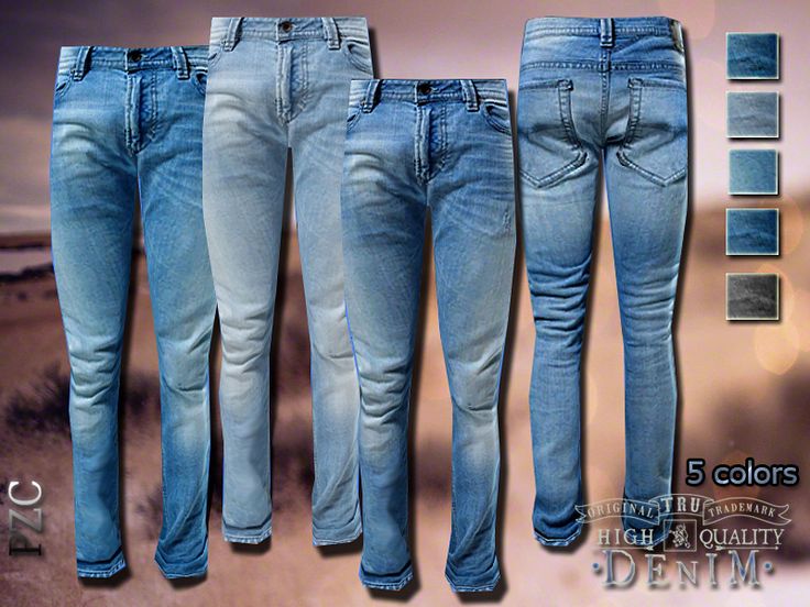 three pairs of blue jeans are shown in front of a desert background with the words, 5 colors high quality denim