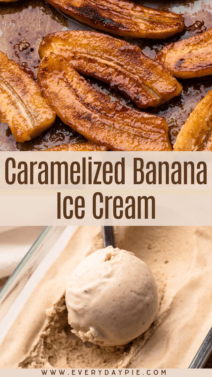 homemade caramelized banana ice cream in a pan with bananas and cinnamon on the side