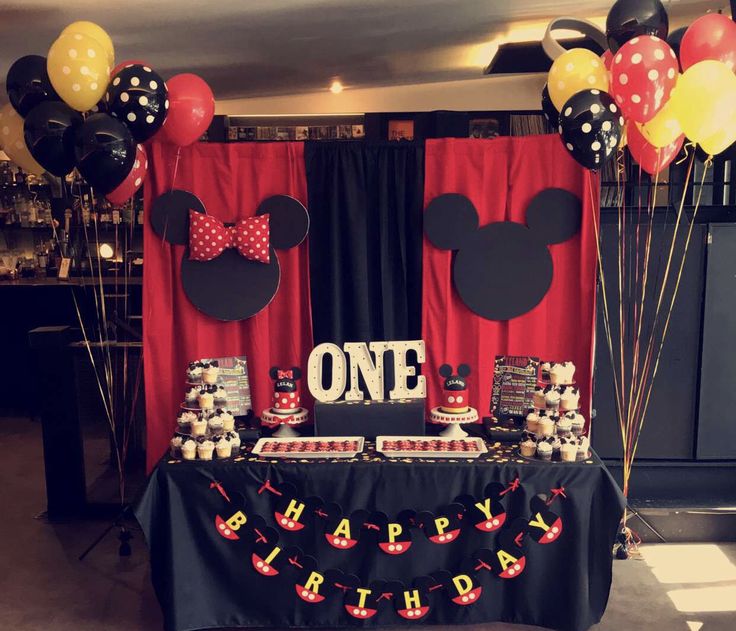 a mickey mouse themed birthday party with balloons