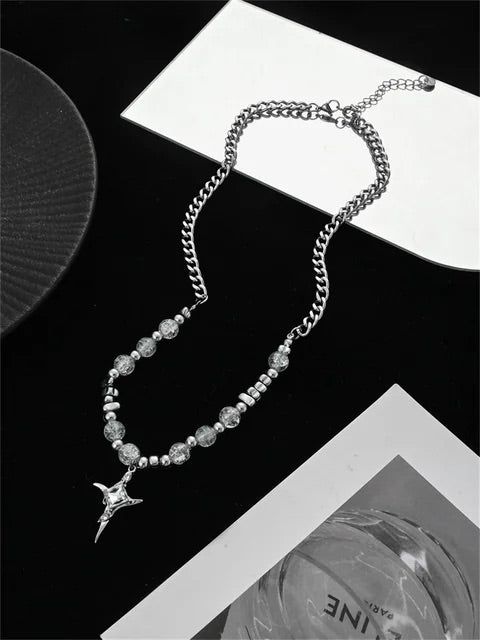 Celestial Eternity Glass Pearl Necklace | Trendy Jewelries and Accessories | H0NEYBEAR – h0neybear Elegant Silver Chain Necklace With Star Charm, Elegant Star-shaped Metal Necklace, Silver Pearl Jewelry With Star Charm, Silver Star-shaped Pearl Jewelry, Elegant Silver Star Chain Necklace, Star-shaped Silver Pearl Jewelry, Necklace Trendy, Pearl Chain Necklace, Ring Bag