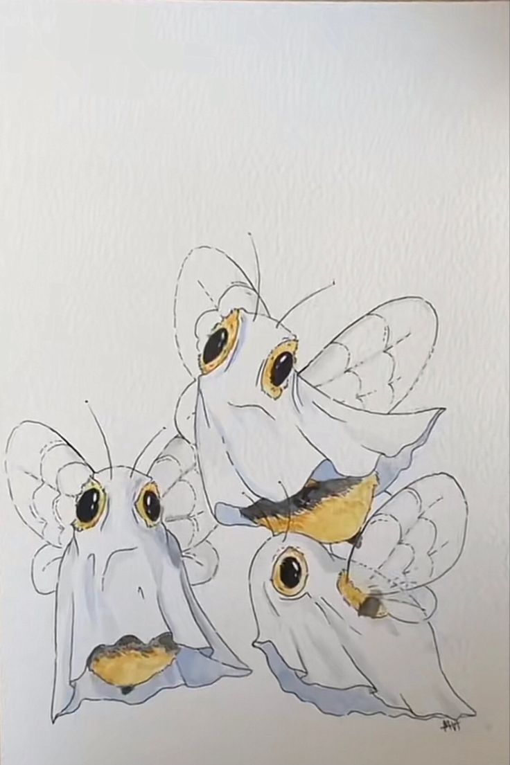 three white and yellow birds with big eyes