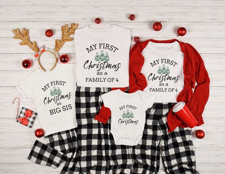 "Matching My First Christmas Family T-Shirts! Available in sizes for the whole family!! CARE INSTRUCTIONS: Adult Unisex, Toddler T-Shirts and Baby Bodysuits: Non-chlorine: bleach as needed; Tumble dry: low heat; Iron, steam or dry: medium heat; Do not dry clean; Machine wash: cold (max 30C or 90F). CARE INSTRUCTIONS: Youth T-Shirts: Machine wash: warm (max 40C or 105F); Non-chlorine: bleach as needed; Tumble dry: low heat; Iron, steam or dry: medium heat; Do not dry clean. Adult Sizes: XS-3X Youth Sizes: S-XL Toddler Sizes: 2T-5T Baby Sizes: NB0-3M-24M HOW TO ORDER: Choose the size and phrase for each individual shirt needed and add to cart, then place order. Thank you for supporting our small business and check out more of our Holiday Apparel! Other \"First Christmas\" designs available f Pjs Family, Cheer Shirt, Matching Christmas Shirts, Christmas Party Shirts, Christmas Pjs, Merry Christmas Shirts, Winter Shirts, Group Shirts, Family Christmas Pajamas