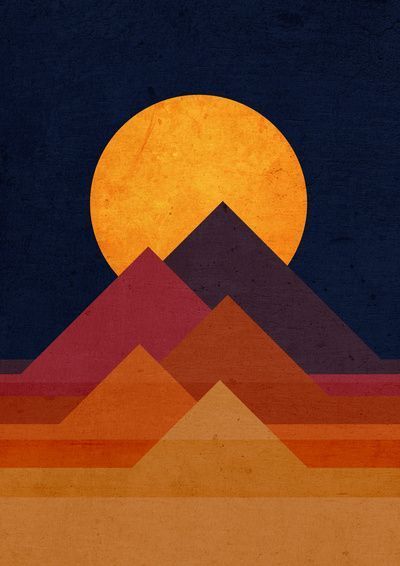 a poster with mountains and a full moon in the background