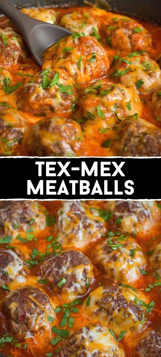 two pictures of meatballs in a pan with the title text tex - mex meatballs