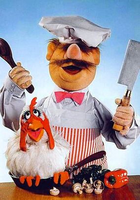 an image of a chicken chef holding two knives