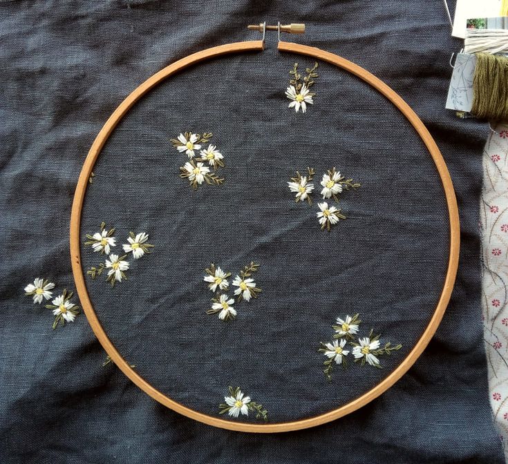 a close up of a embroidery on a table with a piece of cloth next to it