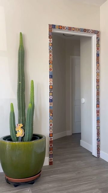 a large cactus in a green pot sitting next to a mirror on the wall above it