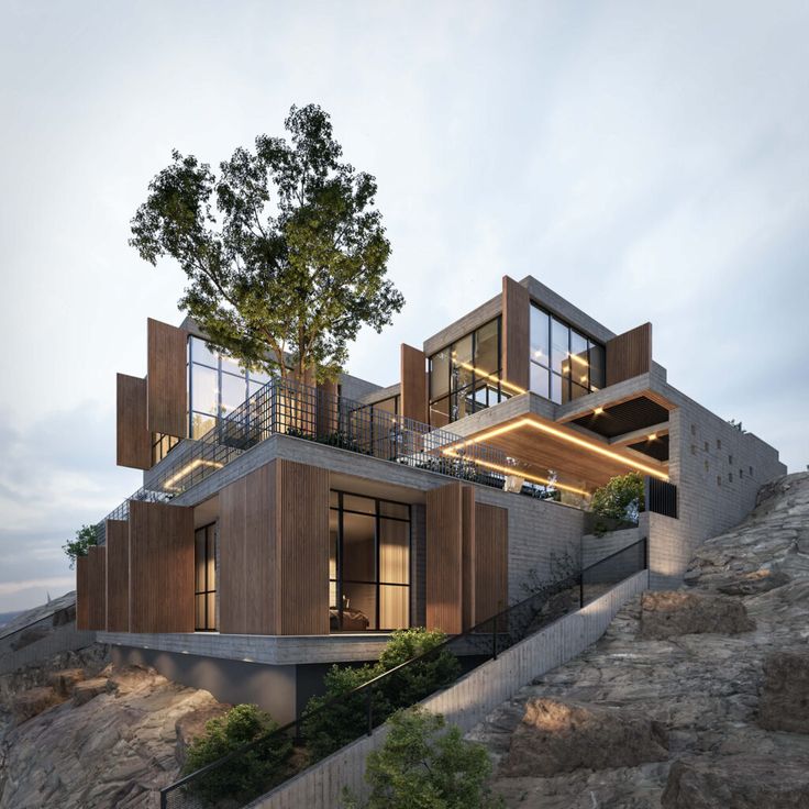 a house on top of a hill with stairs leading up to it and trees growing out of the windows