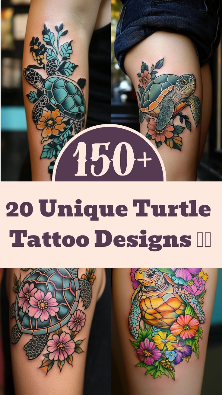 the top 20 unique turtle tattoo designs for women and men on their legs, with text overlay