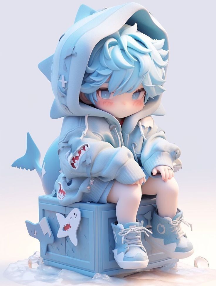 a small doll sitting on top of a blue box