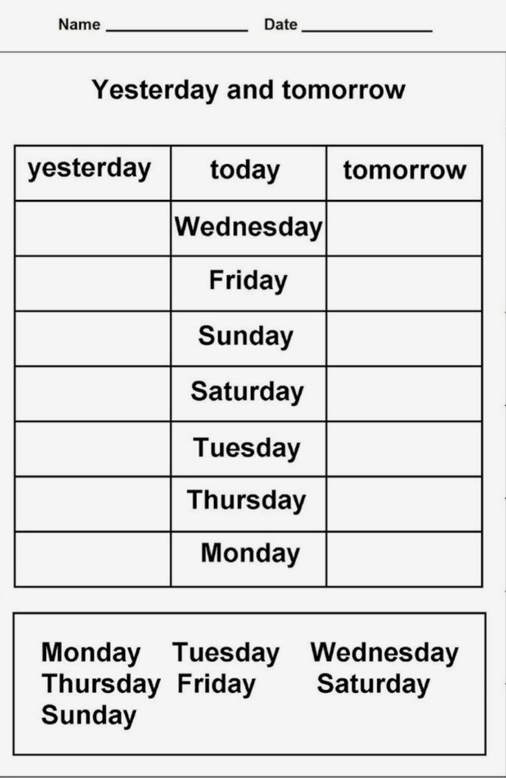 a worksheet with the days and numbers for each day