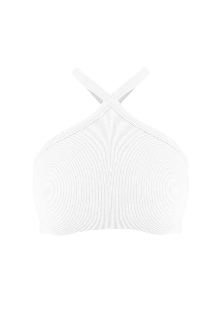 Front and back crossway halter neck ribbed crop top Slip on closure We recommend wearing pasties or no bra with this garment Runs true to size Stretch Crisscross Halter Top With Built-in Bra, White Halter Neck Crop Top With Built-in Bra, White Halter Crop Top With Built-in Bra, White Ribbed Halter Top For Summer, Summer White Ribbed Halter Top, White Fitted Crisscross Top, Fitted White Crisscross Top, Stretch Halter Neck Crop Top In Solid Color, Fitted White Halter Top With Crisscross Straps