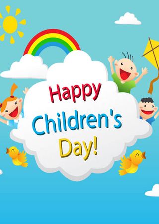 happy children's day card with kids flying in the sky and holding kites