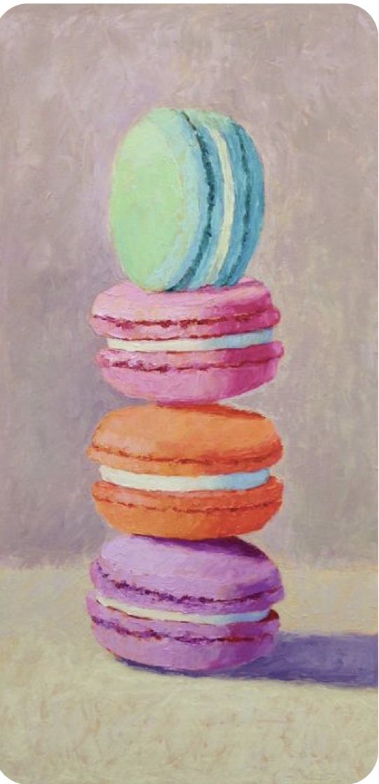 an oil painting of colorful macaroons stacked on top of each other in front of a beige background