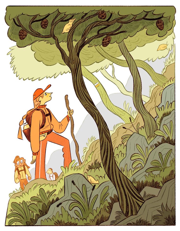 a man with a backpack standing next to a tree and some animals on the ground