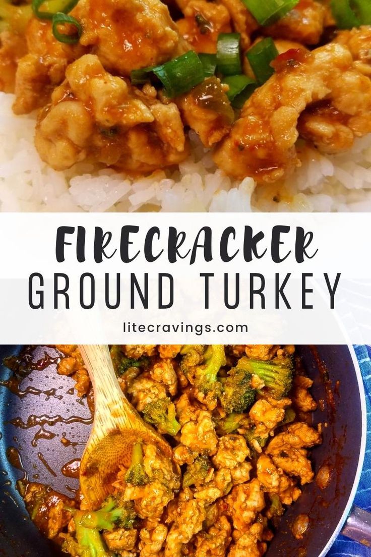 chicken, broccoli and rice in a skillet with the words firecracker ground turkey