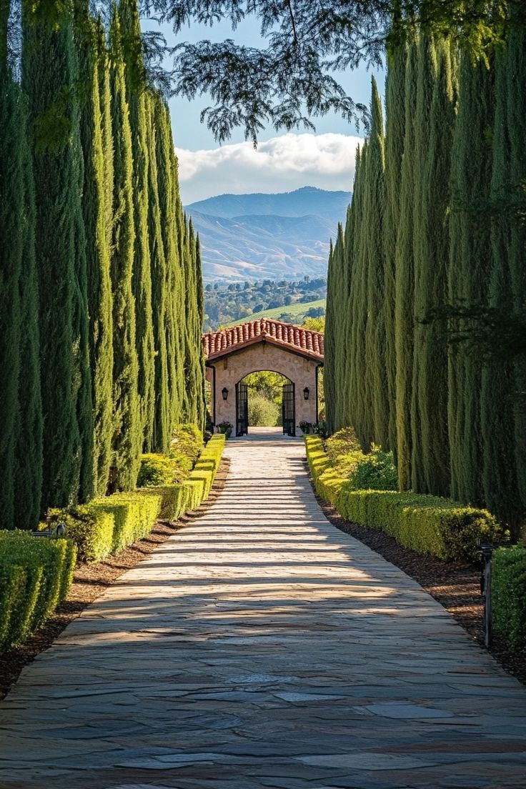 an archway between two rows of trees in the middle of a garden with mountains in the background