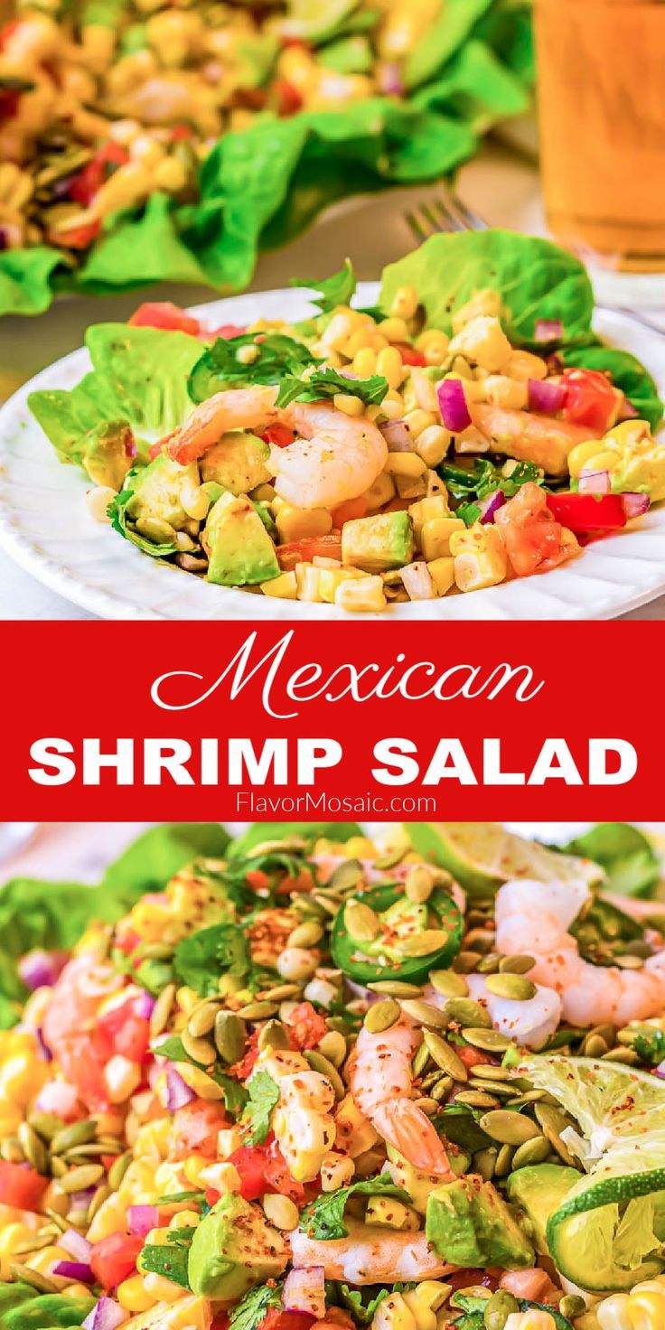 mexican shrimp salad with lettuce, tomatoes and avocado on the side