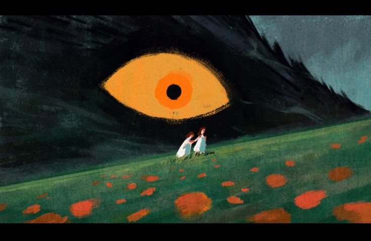 two people are standing in front of an eye