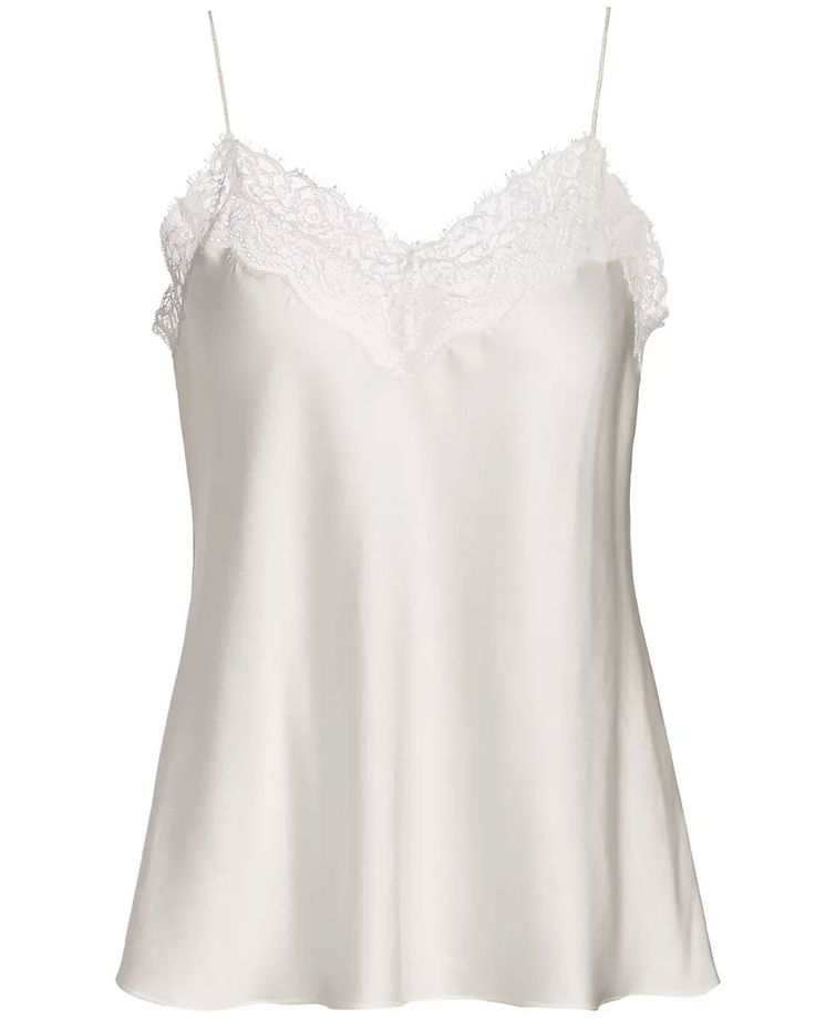 SIMKHAI White Silk Lace Erika Cami V neck Square back Sleeveless; thin shoulder straps Lace trim at bust Relaxed fit 100% silk Cami Mendes, Silky Top, White Cami, Lace Silk, Silk Lace, Lace Cami, Virtual Closet, White Silk, White Satin