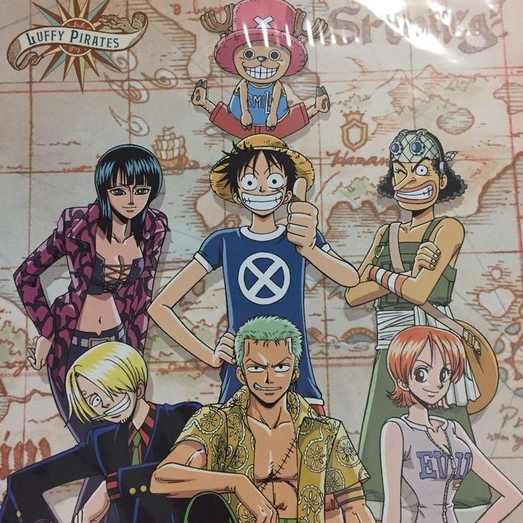 one piece characters are standing in front of a map with other characters behind them,