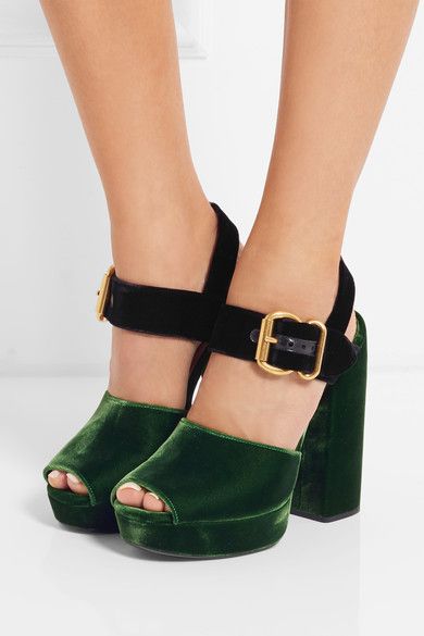 INSPIRATION// Prada Two-tone Velvet Sandals - killer block heels are a must-have item! Velvet Sandals, Tie Sandals, Velvet Shoes, Ankle Strap Pumps, Platform High Heels, Black High Heels, Prada Shoes, Leather Pumps, Heel Sandals