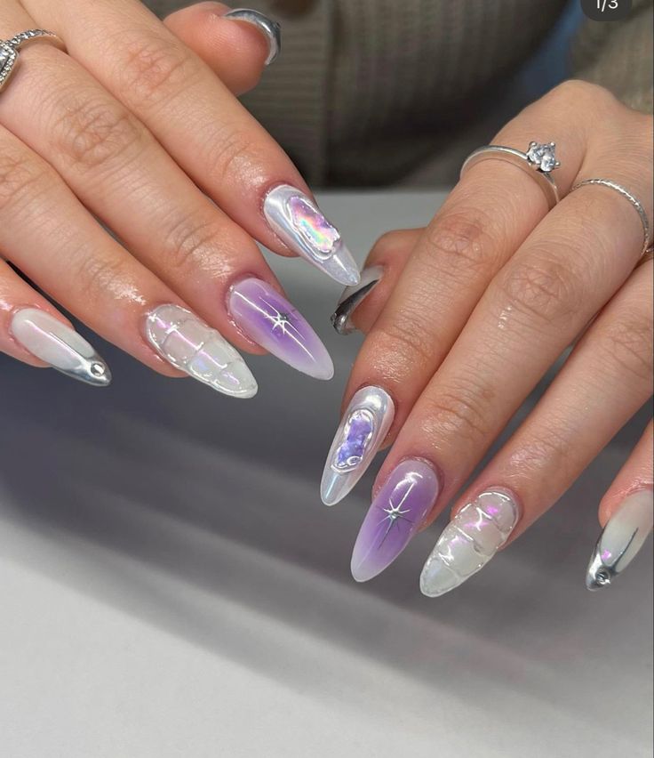 nails inspo, nails design, pastel nails, purple nails, almond nails, nails art, nails idea, ombre nails, cute nails, inspo, bedazzled nails, asian nails, gel nails, acrylic nails, french tip nails, nails idea, purple nails Unique Purple Nails, Lilac Nail Ideas, Cute Nail Acrylic, Irridescent Nails, Nail Design Fall, Nails Ideas Short, Nail Design Gold, Lilac Nails Design, Nail Elegant