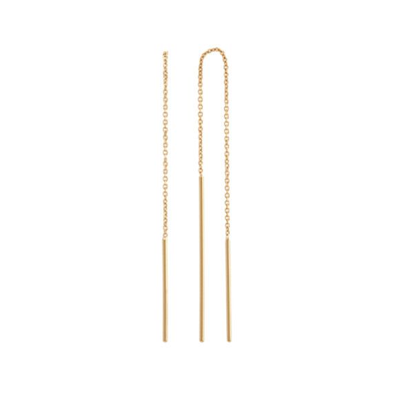 With a pair of jeans or that night out dress  this pair of threader style earrings is sure to complement your look with unbeatable style. These earrings are crafted of quality 14 yellow gold and feature two bars  measuring 3/4 inch and 1 1/4 inch  dangling from a chain. The total length is 2 and 1/8 inches. Thread the shorter bar through your ear piercing for a totally glamorous look. Formal 14k Yellow Gold Threader Earrings, Elegant 14k Yellow Gold Threader Earrings, Classic Yellow Gold Dangle Threader Earrings, Gold Tarnish-resistant Threader Earrings, Modern 14k Gold-filled Gold Threader Earrings, Gold Thread Earrings, Threader Earrings Gold, Silver Threader Earrings, Jewelry Cleaning Solution