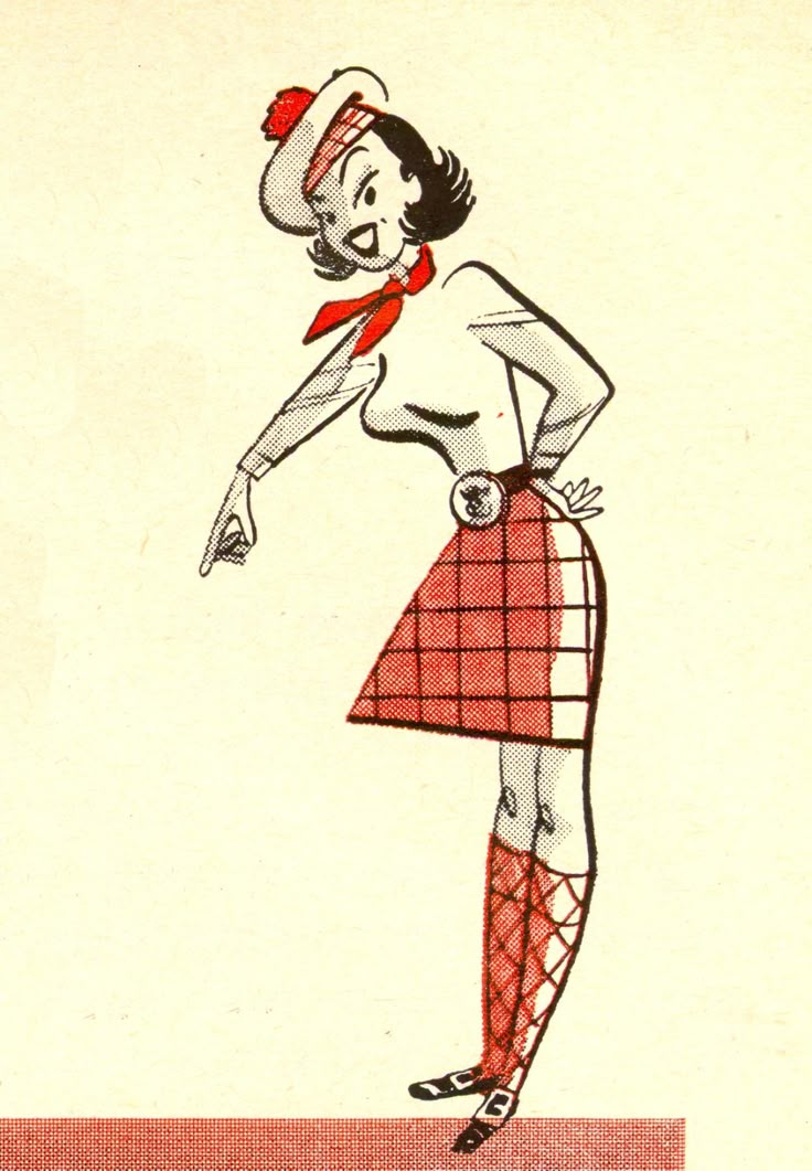 a drawing of a woman in a red and white dress with a hat on her head