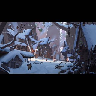 an animated scene with snow covered trees and buildings