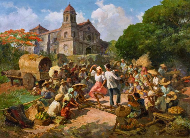 a painting of people gathering in front of a church