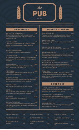 the pub menu is shown on a dark blue background