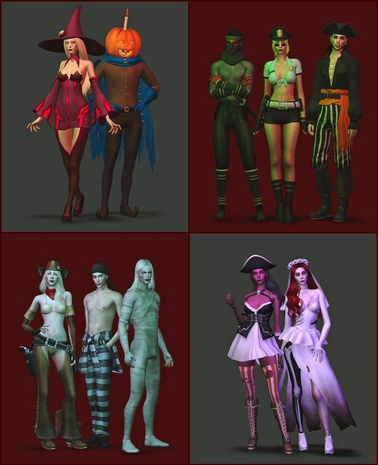 four different poses of people in halloween costumes