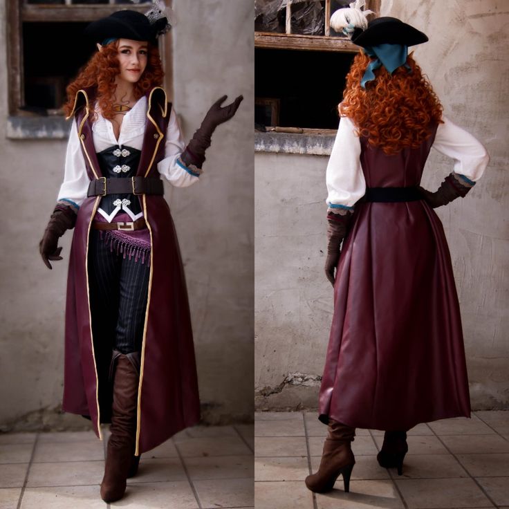 two pictures of a woman dressed in pirate costume and holding her hand out to the side