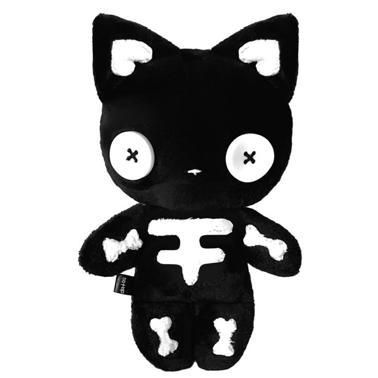 a black cat stuffed animal with big eyes and bones on it's back legs