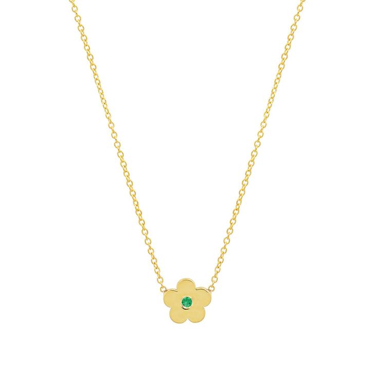 The Mini Diasy Necklace with Emerald Center features our classic Daisy deisgn with a colorful Emerald twist. Cast in solid 18 karat gold, this dainty bloom has an Emerald Center and is featured on a 16 inch 14 carat chain. This piece is sure to brighten you or your loved one's Jennifer Meyer stack. Fixed to a 16 inch, 14-karat link chain Pendant measures approximately 0.25" x 0.25" Spring ring clasp Made in Los Angeles with love Complimentary gift wrapping provide Elegant Flower Charm Birthstone Necklace For May, Elegant May Birthstone Necklace With Flower Charm, Yellow Gold Flower Necklace With Gemstone, Yellow Gold Flower Shaped Gemstone Necklace, Elegant Gold Birthstone Necklace With Flower Charm, Elegant May Birthstone Necklace With Flower Shape, Elegant May Birthstone Necklace In Flower Shape, Elegant Flower Shaped Necklace With May Birthstone, Elegant Flower-shaped Necklace With May Birthstone