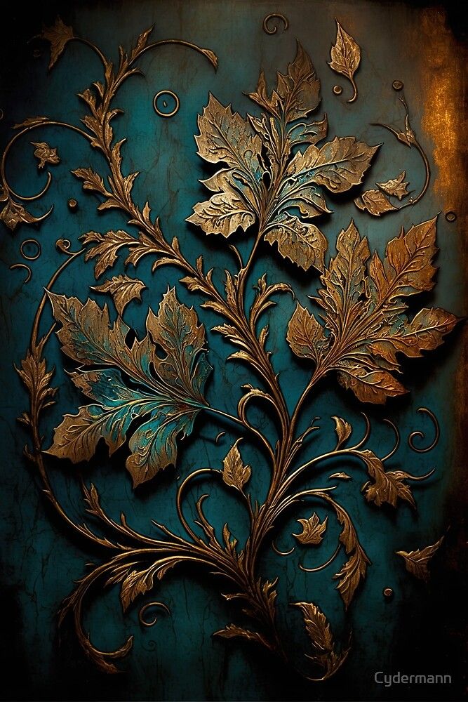 an intricately designed metal plate with gold leaves and swirls on the side, against a teal blue background