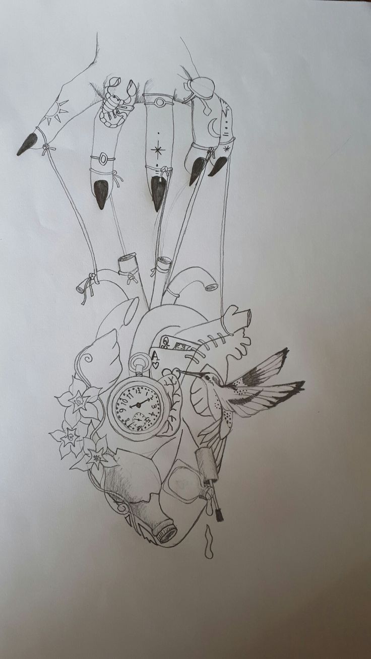 a drawing of a bunch of things in the shape of a heart with birds and flowers on it