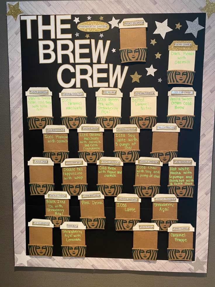 a bulletin board with the brew crew written on it