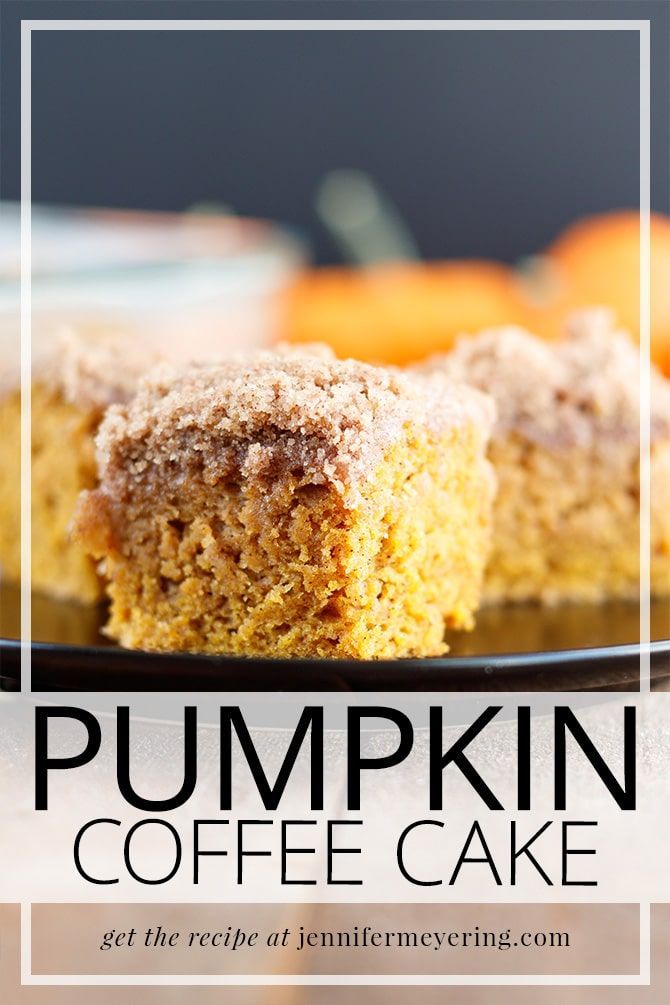 pumpkin coffee cake on a plate with text overlay