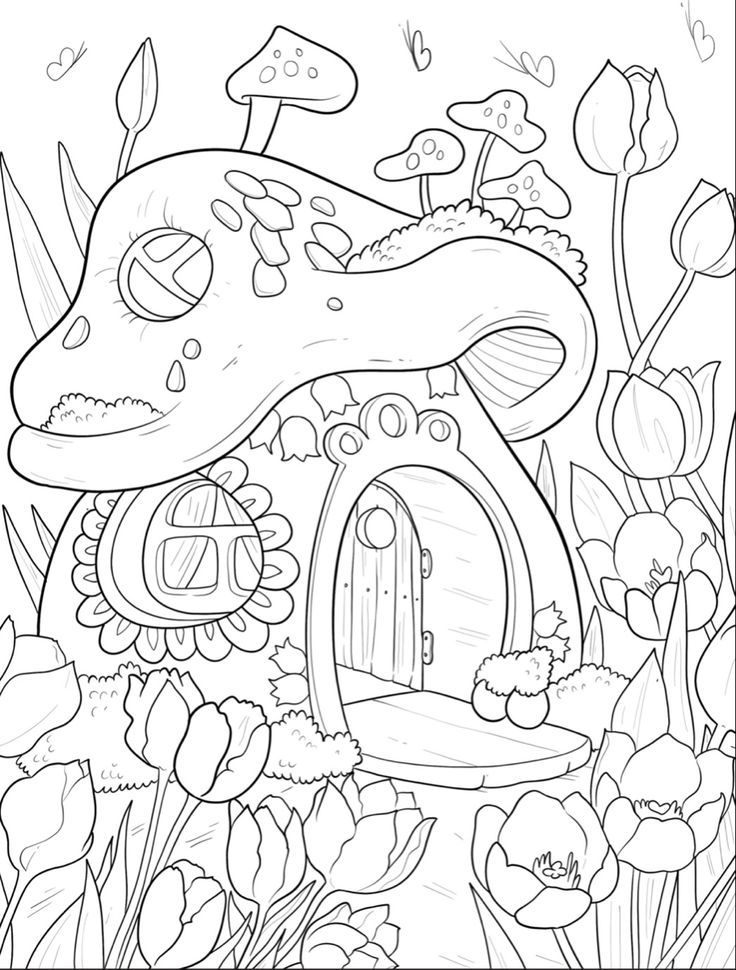 a mushroom house in the middle of flowers and plants with an open door to it