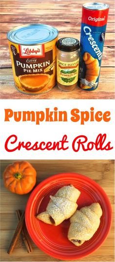 pumpkin spice crescent rolls on a red plate next to an orange bowl and two jars