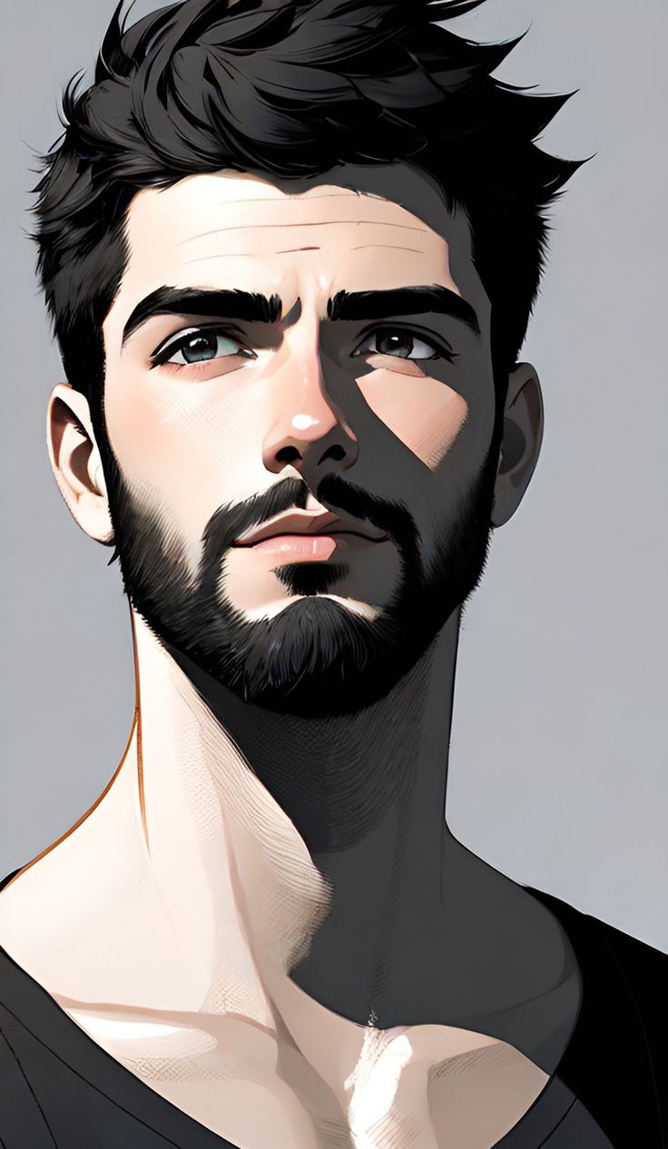 a digital painting of a man with black hair and beard wearing a black t - shirt