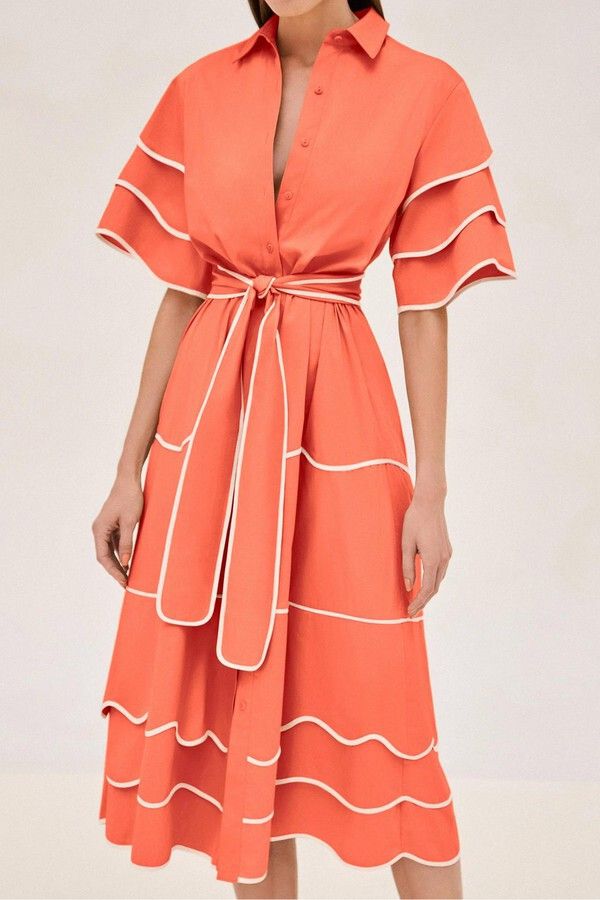 Coral Dress For Spring Brunch, Chic Orange A-line Midi Dress, Orange Midi-length Dress With Ruffles, Orange Ruffled Midi Dress For The Beach, Orange Midi Dress With Ruffles, Orange Ruffled Midi Dress, Elegant Orange Midi Dress With Short Sleeves, Elegant Orange Short Sleeve Midi Dress, Orange V-neck Midi Dress With Ruffles