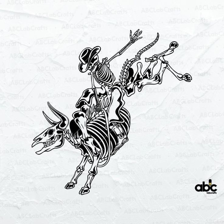 a skeleton riding on the back of a bull